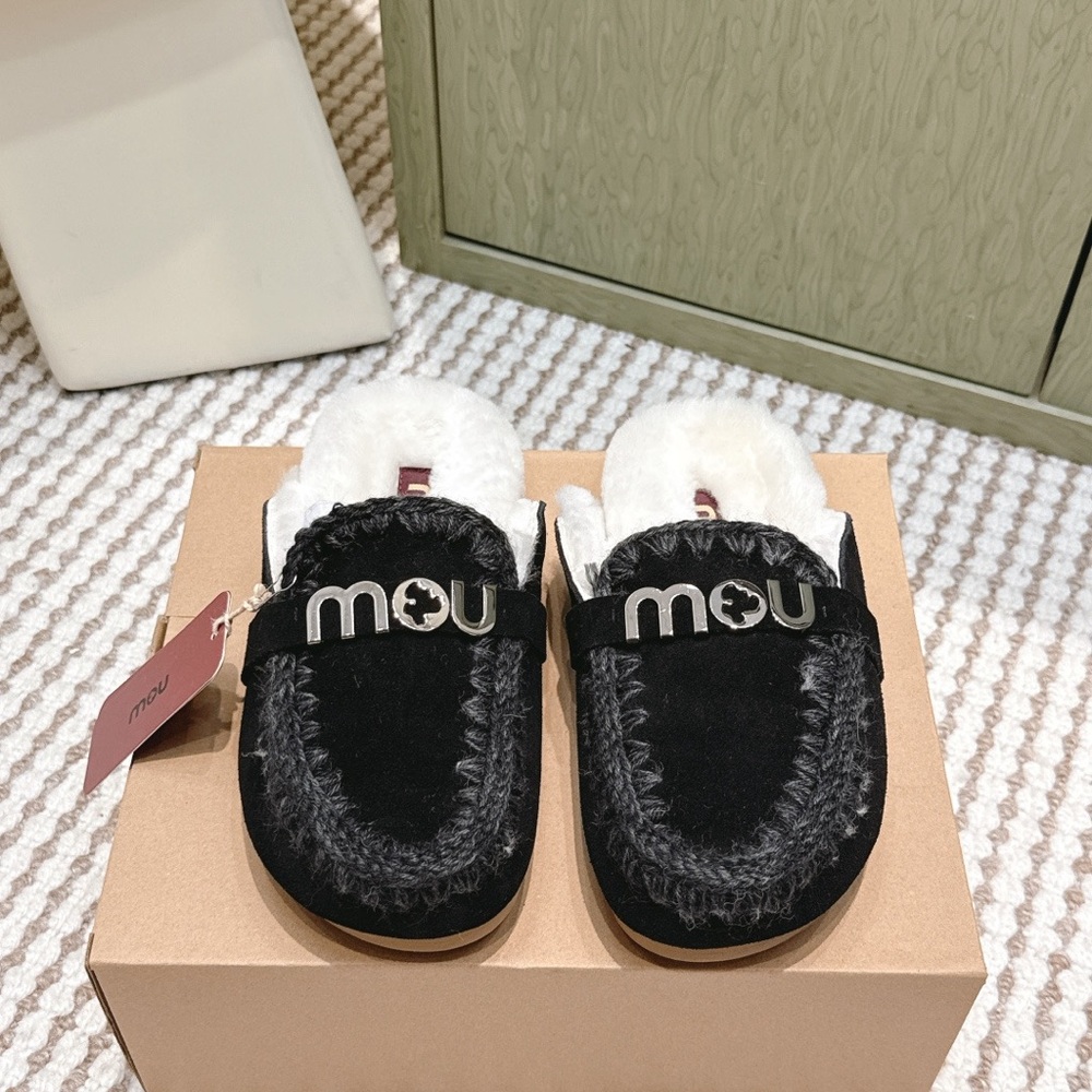 Mou Black Suede Shearling Slip-On Slippers